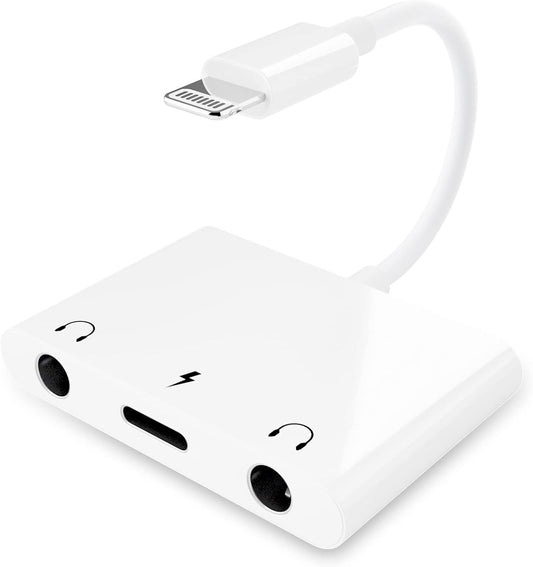 3 in 1 Dual 3.5mm Headphone Jack Adapter - Earphone Jack Audio and Charging Adapter - Headphone Splitter for iPhone 14/13/ 12/11/ X/ 8 - White