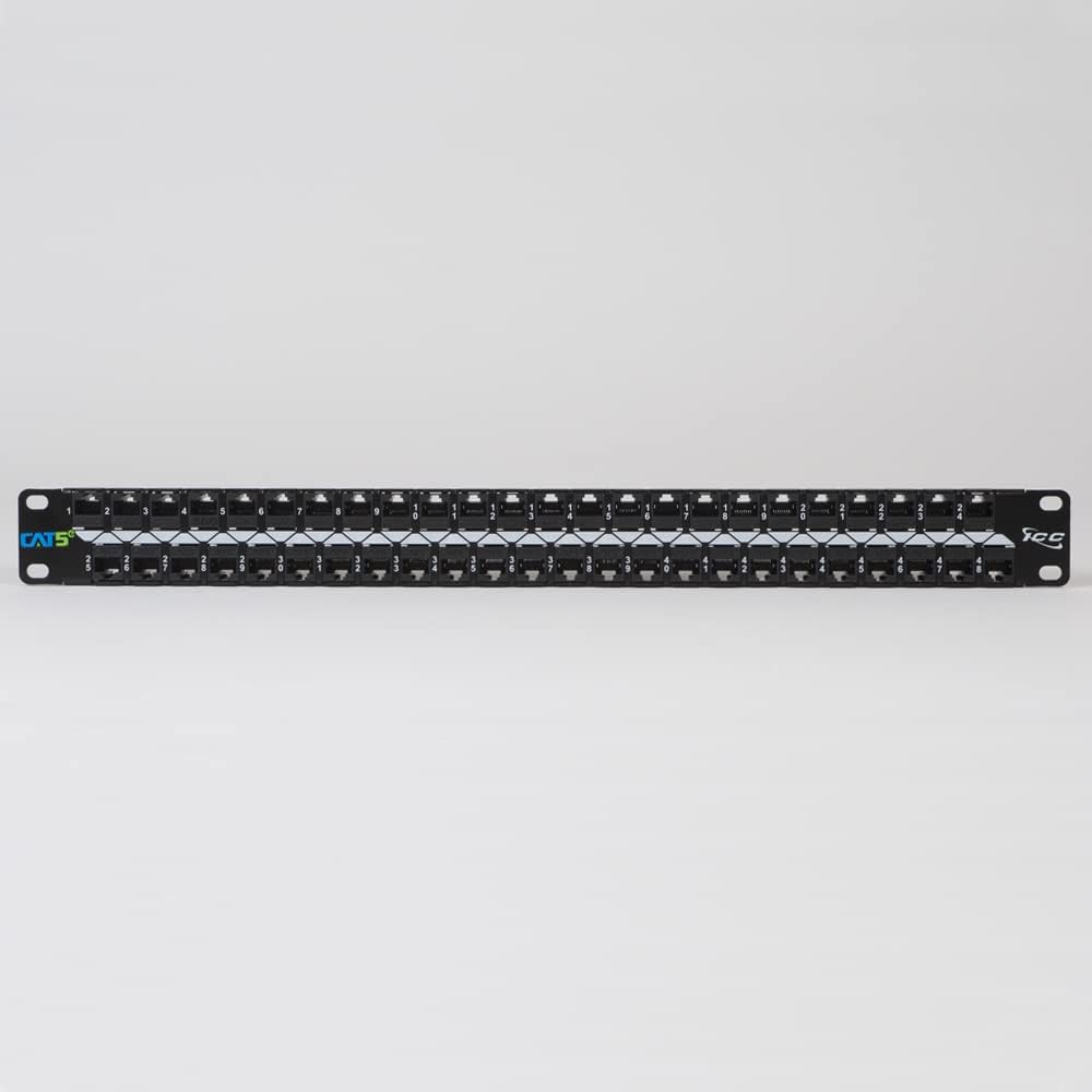 ICC CAT5e Feed-Through Patch Panel, 48 Port, 1U Rackmount, RJ45 Ethernet Patch Panel, No Punch Down, PoE++ and TAA Compliant, Black