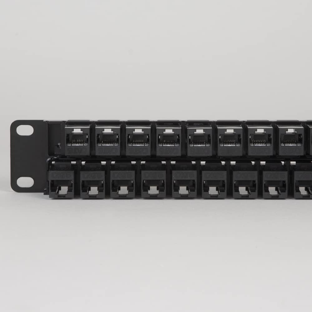 ICC CAT6 Feed-Through Patch Panel, 48 Port, 1U Rackmount, RJ45 Ethernet Patch Panel, No Punch Down, PoE++ and TAA Compliant, Black
