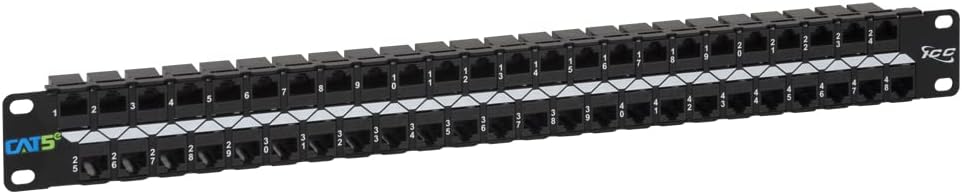 ICC CAT5e Feed-Through Patch Panel, 48 Port, 1U Rackmount, RJ45 Ethernet Patch Panel, No Punch Down, PoE++ and TAA Compliant, Black