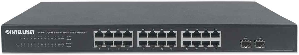 Intellinet 24 Port Gigabit Ethernet Switch with 2 SFP Ports – Unmanaged - Rackmount / Desktop, Fanless & Quiet, Sturdy Metal, 52 Gbps Switch Fabric – 3 Yr Mfg Warranty - 561044