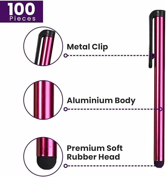 Stylus Pens for Touch Screens, 100 Pieces Universal Colorful Long Metal Stylists Pack for iPad, iPhone, Android, Galaxy, Chrome Book, Tablets, Assorted Colors All Devices - 4"