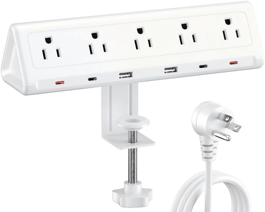 10 FT Desk Clamp Power Strip with 5 AC Outlets & 6 USB Ports PD 40W USB-C Fast Charging, 1250J Surge Protector, Fits 2.6 in top Edge White
