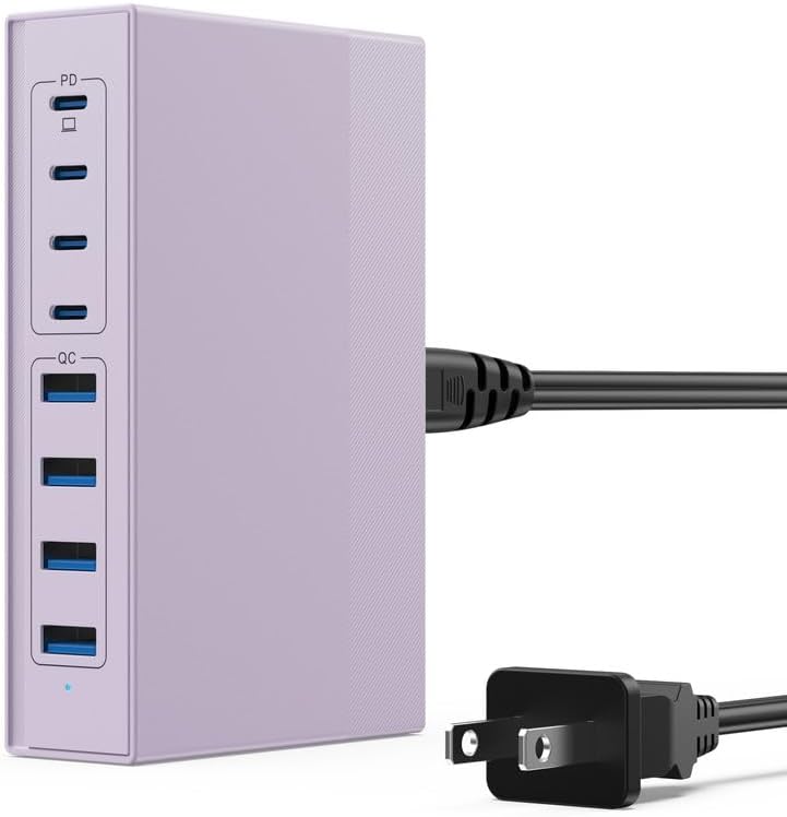 200W USB C Charger Block, 8-in-1 GaN III USB C Charger Fast Charging Station Hub, PD 65W Laptop Charger Adapter Travel Charger, for MacBook Pro/Air/Dell XPS/iPhone 16/15/14/iPad/Galaxy S24 (Purple)