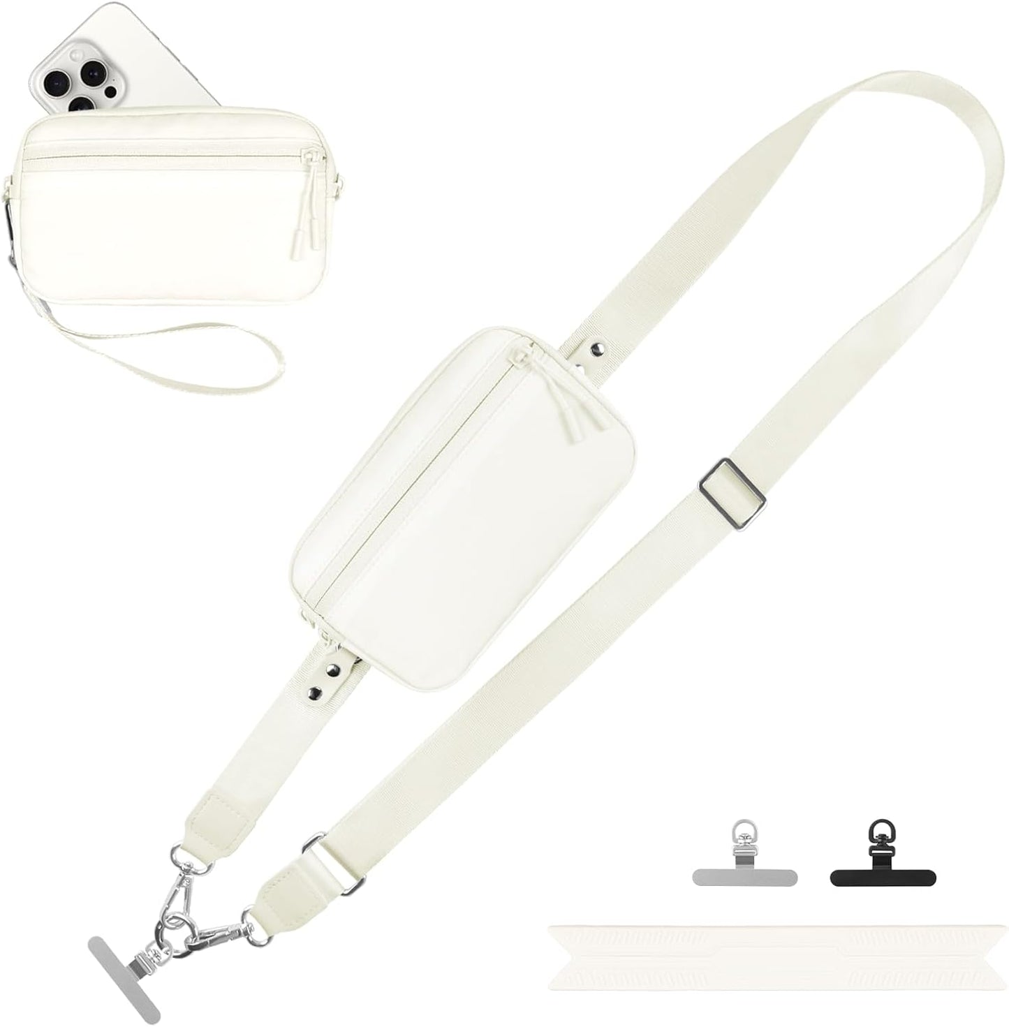 Clip and Go Strap for Phone with Wallet Crossbody, Adjustable Phone Lanyard with Detachable RFID Wristlet Wallet, Cream (L)