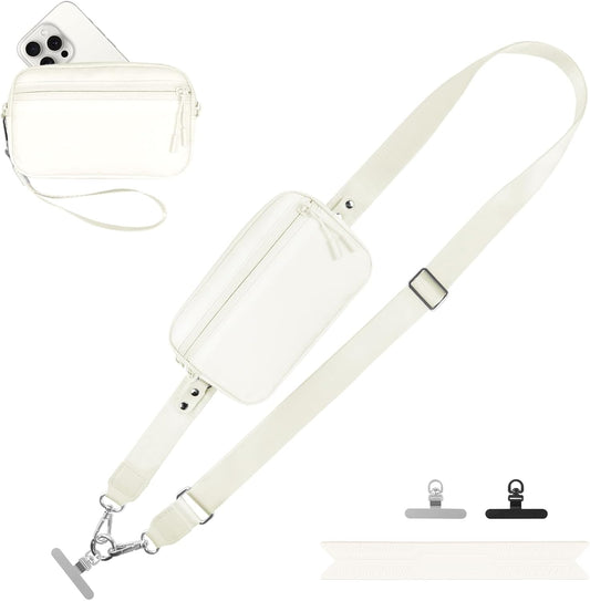 Clip and Go Strap for Phone with Wallet Crossbody, Adjustable Phone Lanyard with Detachable RFID Wristlet Wallet, Cream (L)