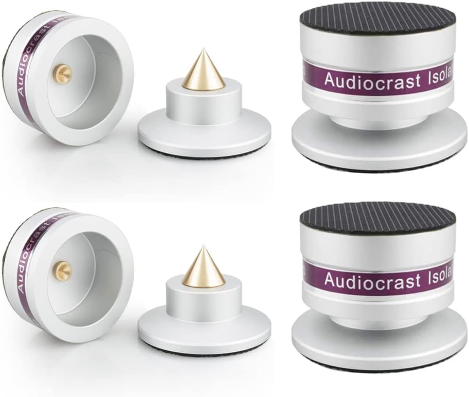 Tertullus 4 Pcs Aluminum Speaker Spike+Speaker Isolation Feet Top Pad Turntable Isolation Feet for Amplifier Speaker Turntable Player Subwoofer Silver