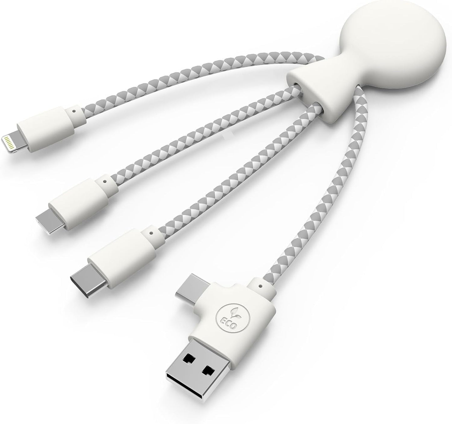 Multi USB Cable 4 in 1 - Universal Charger Made from Recycled Plastic - USB, USB-C, Lighting, Micro USB Ports - Compatible with All Smartphones Mr Bio White Octopus