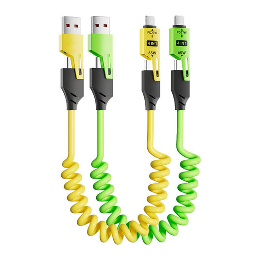 4 in 1 Spring Fast Charging Cable (2Pack), 65W USB-C PD Multi Fast Charging, 1.2m/4ft Coiled Retractable Cable for iPhone Samsung Laptop - Yellow+Green