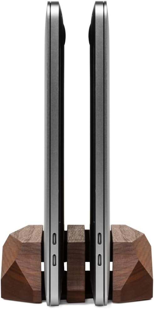 Oakywood Dual Laptop Dock, Vertical Laptop Stand Wood, Laptop Stand for Desk, Desk Organizer, Vertical Laptop Holder, Compatible with All MacBook Pro Air iPad, for 2 Device – 7,1x4,5x1,6”, Walnut