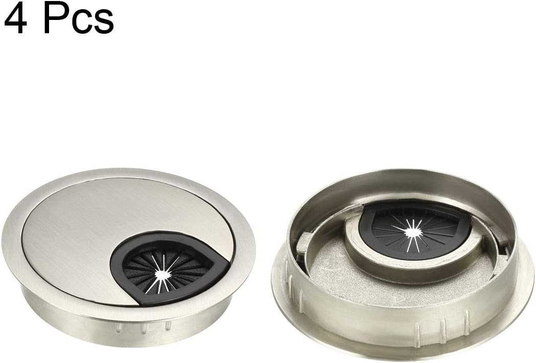 uxcell Cable Hole Cover, 2.4Inch/60mm Zinc Alloy Desk Wire Cord Cable Grommets Hole Cover for Office PC Desk Cable Cord Organizer, 4Pcs Wire Drawing Silver