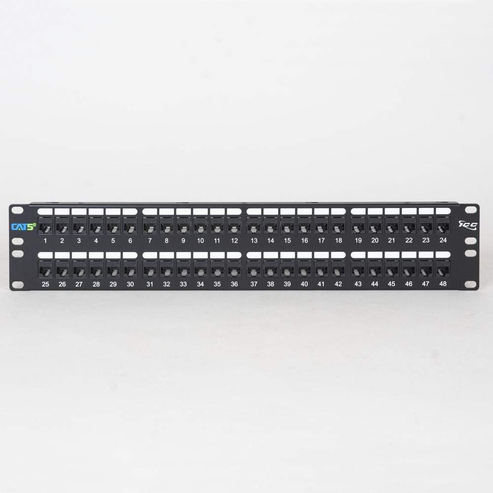ICC CAT5e Feed-Through Patch Panel, 48 Port, 2U Rackmount, RJ45 Ethernet Patch Panel, No Punch Down, PoE++ and TAA Compliant, Black