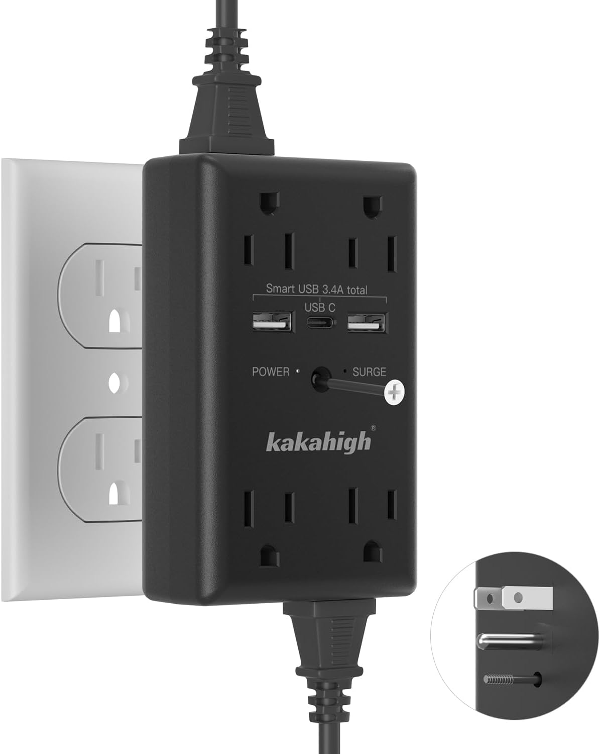 Black Wall Power Strip, 8 Way Outlets with 1680J Surge Protected, Multi Plug Wall Outlet with USB Ports, LED Indicator, 1875W Wall Mounted Surge Protectors for Dorm Room Office Kitchen