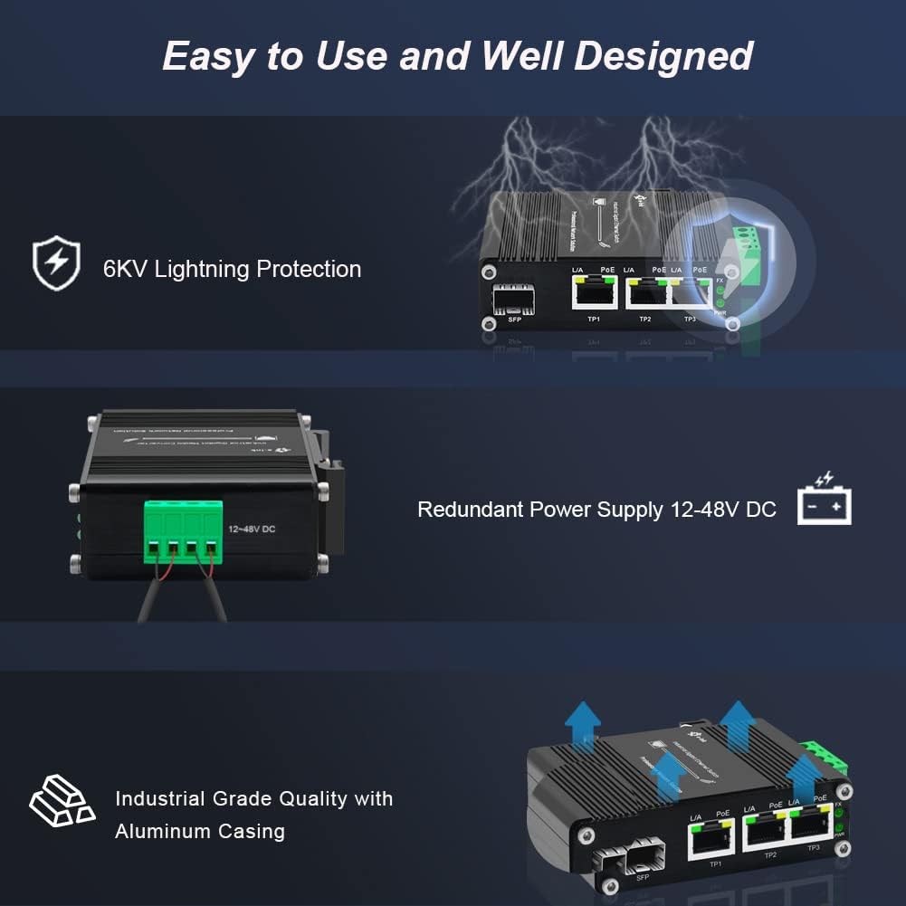 Mini Industrial 3 Port Gigabit PoE Switch with DC12V-48V to DC48V Voltage Booster Hardened RJ45 10/100/1000Mbps 802.3at 30W/Port Ethernet Switch Din Rail Mount Compatible with IP Camera VOIP Phone