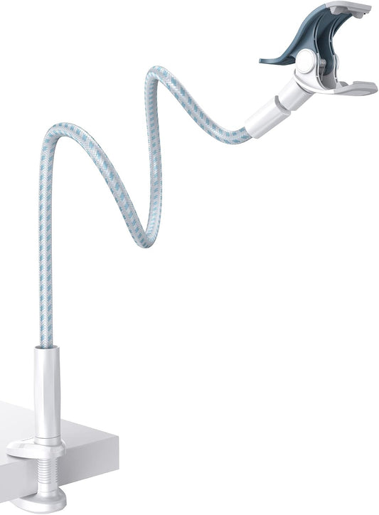Lamicall Gooseneck Phone Holder Bed - [Nylon Braided] Flexible Arm, Overall Length 38inch, 360 Adjustable Clamp Clip, Overhead Cell Phone Mount Stand for Bed, Blue White