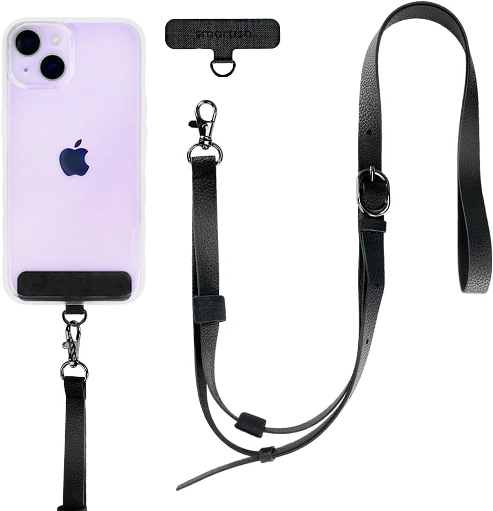 Smartish Phone Lanyard - Case Clinger - Universal iPhone Holder w/Detachable Crossbody Shoulder Neck Strap Compatible w/All Phone Cases - Adjustable Black Vegan Leather