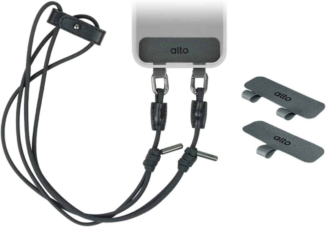 alto Crossbody Phone Lanyard: detachable patch, nylon strap with Italian leather pad, for iPhone and android full body phone cases (Raven Black)