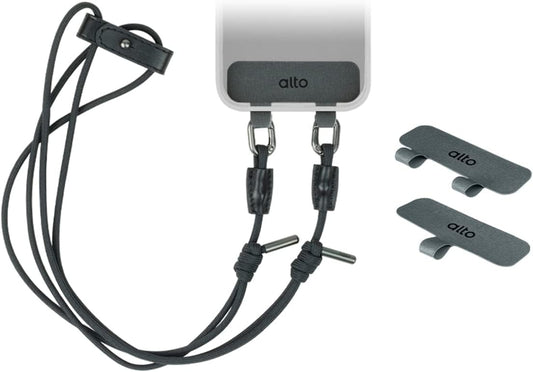alto Crossbody Phone Lanyard: detachable patch, nylon strap with Italian leather pad, for iPhone and android full body phone cases (Raven Black)