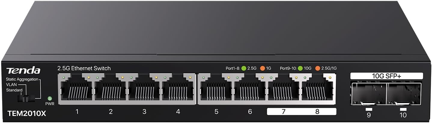 Tenda TEM2010X 8 Port 2.5G Ethernet Switch, Unmanaged 2.5Gb Switch with 8 x 2.5G Ports & 2 x 10Gb SFP+ Slots, Support VLAN & Static Link Aggregation, 80Gbps Switching Capacity, Fanless Metal Design