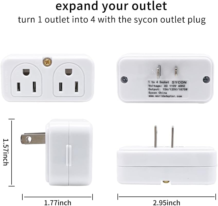 SYCON Adapter Outlet Extender, 2-Prong Mini Wall Plug, Multi Outlet Splitter with 4 Outlets