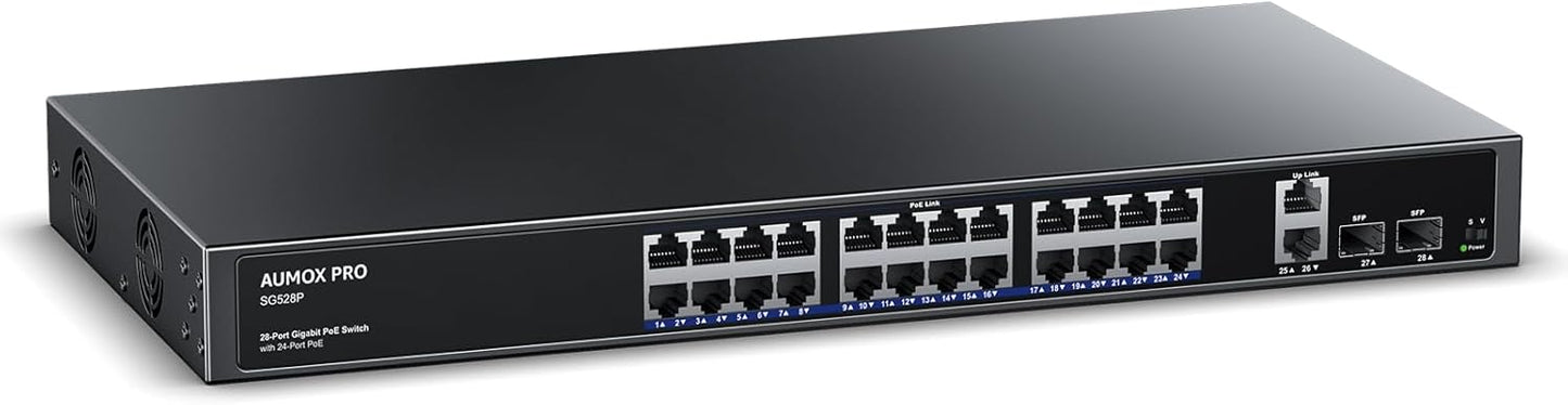 24 Port Gigabit PoE Switch,AUMOX PRO 28 Port PoE with 2 x Uplink Gigabit Ports, 2 x 1G SFP Slots 400W SG528P ,Plug and Play,Metal Case Desktop, Wall Mount or Rackmount Network Switch,802.3af/at
