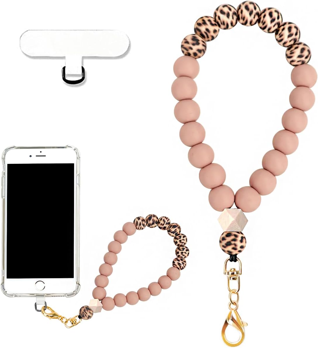Marble Silicone Beaded Phone Wrist Strap, Cellphone Lanyard with Tether Tab, Elastic Hands-Free Wristlet Bracelet