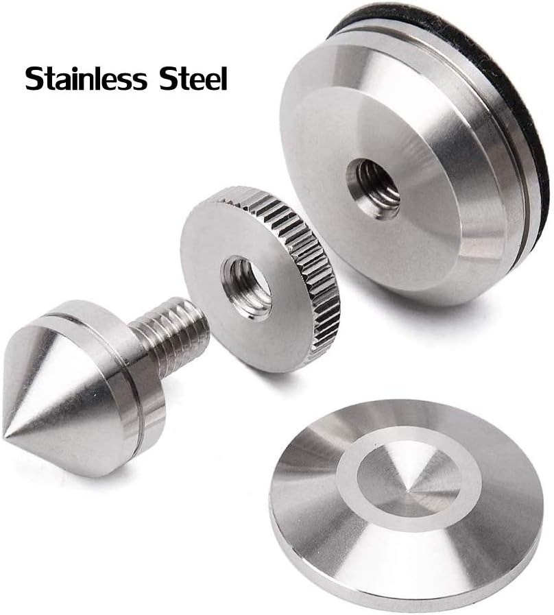 4 Sets Speaker Isolation Stand Feet, Stainless Steel Speaker Base Pads, Shockproof 28-32mm Adjustable Speaker Vibration Absorber Spike Cone Mats for Amplifier Turntable DAC Recorder CD (27x29x5MM)