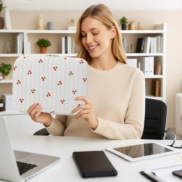 Puffy Laptop Sleeve 13-15.6 Inch Cute Quilted Laptop Protective Case Padded Floral Computer Sleeve for MacBook (B-Cherry, 11 Inch)