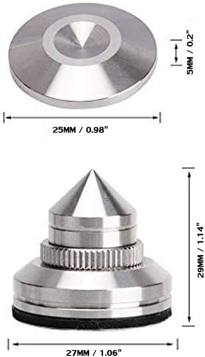 4 Sets Speaker Isolation Stand Feet, Stainless Steel Speaker Base Pads, Shockproof 28-32mm Adjustable Speaker Vibration Absorber Spike Cone Mats for Amplifier Turntable DAC Recorder CD (27x29x5MM)
