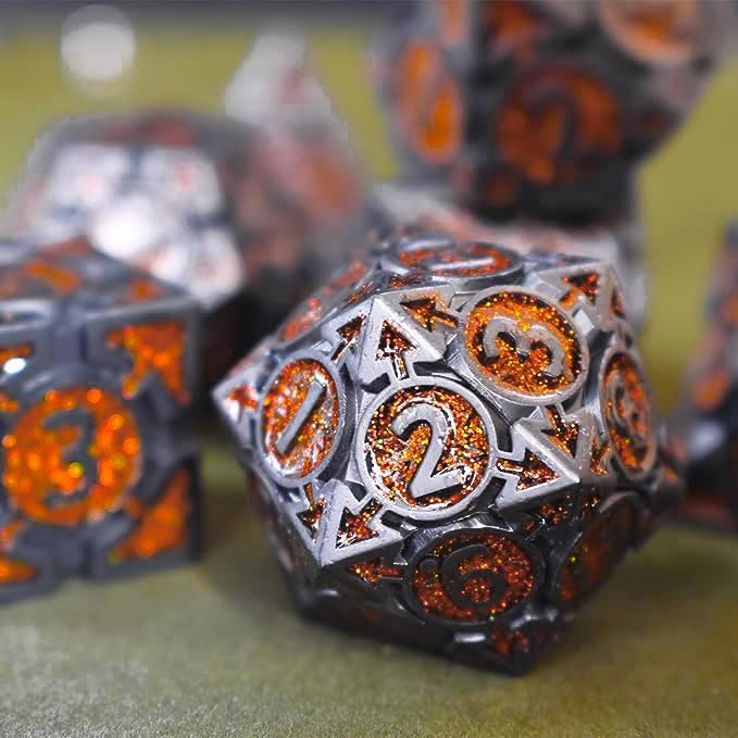 RULE DICE DND Metal Dice Set, Dungeons and Dragons D&D Dice Set, 7 die Metal DND Polyhedral Orange Dice Sets with Gift Box, MTG PRG D and D Dice for Role Playing Multiplayer Games