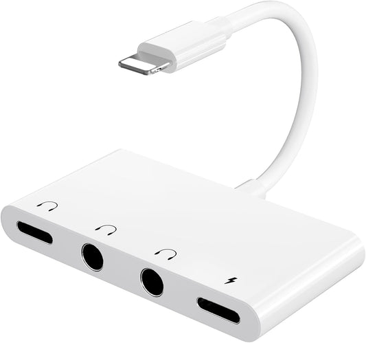 4 in 1 Headphone Splitter, iPhone Headphone Adapter + Dual 3.5mm Headphone Jack Adapter + Charging Port for iPhone 14 13 12 11 X 8 7