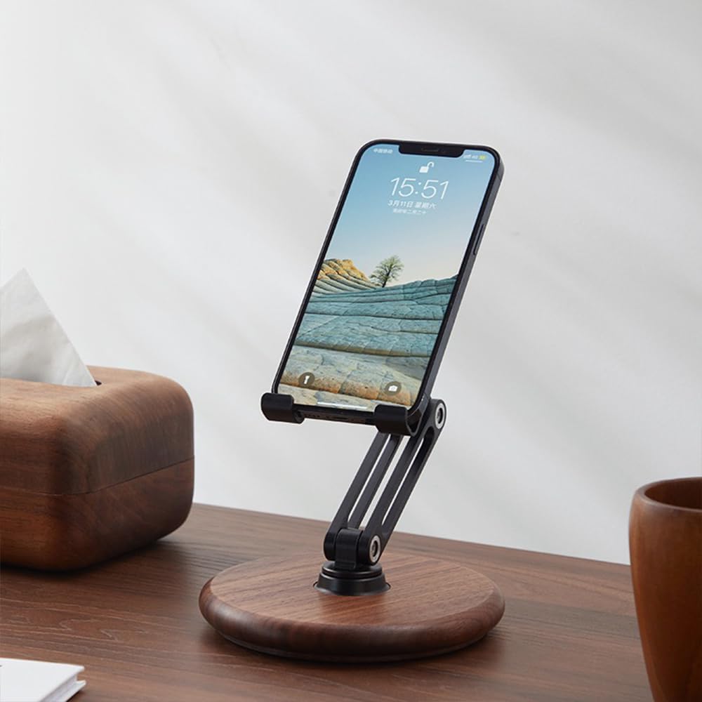 iPhone Stand for Desk, Phone Stand Adjustable Foldable, Cell Phone Holder 360 ° Rotation, Compatible with iPhone 16 15 14 13 12 11 Pro Xs Xs Samsung Galaxy Tablets All Phones, Walnut