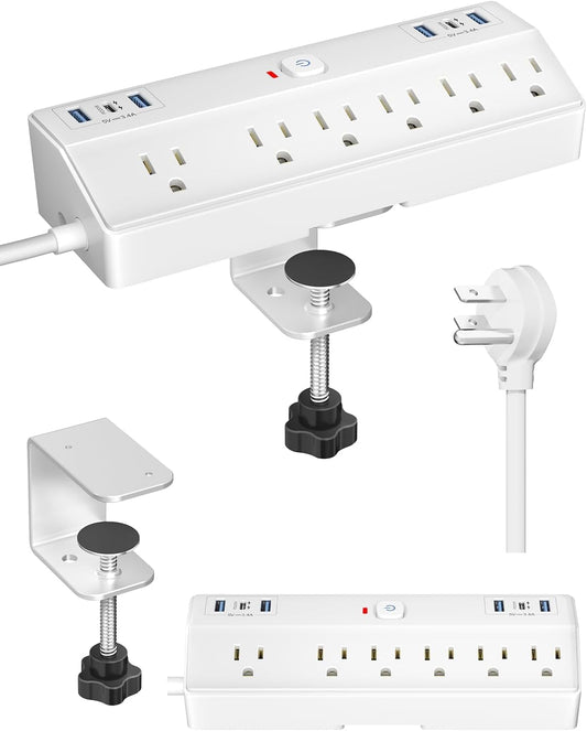 Desk Clamp Power Strip, 40W Fast Charging Station, Desktop Mount Surge Protect with 6 Outlets 6USB Ports (2USB C), Removable Power Strip Fits 1.8" Tabletop Edge, 10Ft Extension Cord for Home Office
