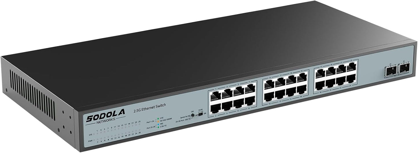 SODOLA 24 Port 2.5Gb Umanaged Switch,24X2.5G Base-T Ports,2X10G SFP, 160Gbps Switching Capacity,Port Isolation,/IU Rack-Mount/Fanless/Plug & Play Multi-Gig Unmanaged Ethernet Switch