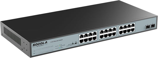 SODOLA 24 Port 2.5Gb Umanaged Switch,24X2.5G Base-T Ports,2X10G SFP, 160Gbps Switching Capacity,Port Isolation,/IU Rack-Mount/Fanless/Plug & Play Multi-Gig Unmanaged Ethernet Switch