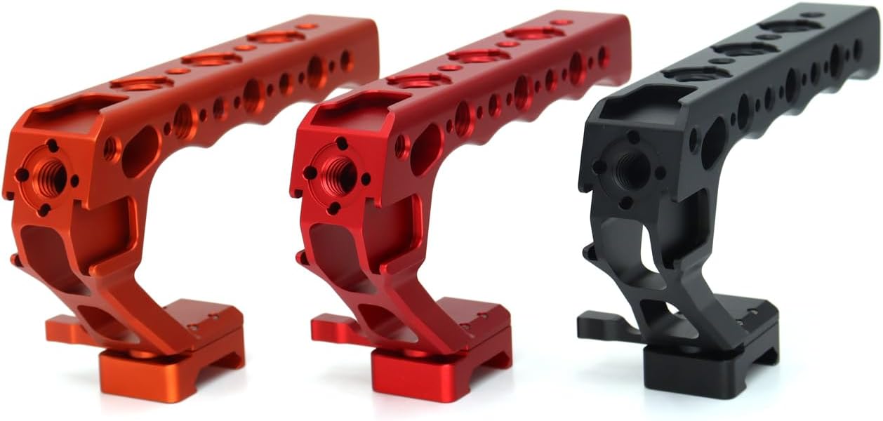 Universal Top Handle with Quick Release NATO Grip with NATO Rail for DSLR Camera Cage, with 3 Cold Shoe Adapters to Mount DSLR Camera with Microphone/LED Light/Monitor (Red with NATO Rail)