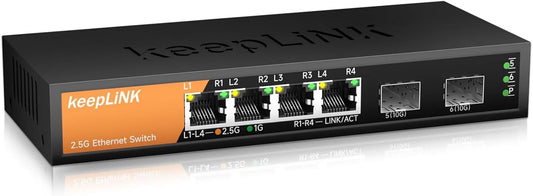 6-Port 2.5G Switch Unmanaged, 4 x 2.5GBASE-T Ports & 2 x 10GBASE-T SFP Slots, 60Gbps Switching Capacity, Plug & Play/Wall Mountable/Fanless Metal, Compatible with 1000Mbps Devices