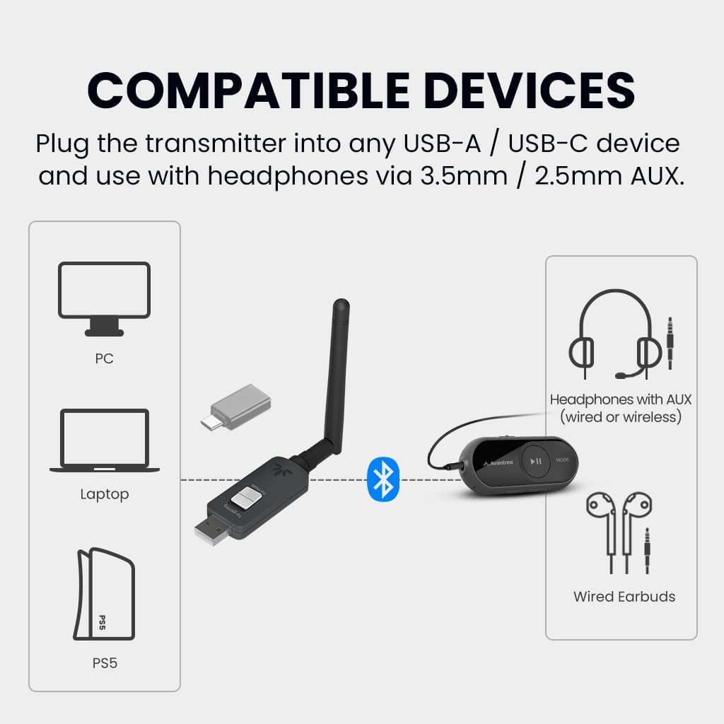 Avantree ProLink - Bluetooth 5.4 LE Audio Transmitter & Receiver Set, aptX Lite, 20 ms Ultra-Low Latency & HiFi Wireless Audio Adapter for Gaming, Calls, Music, Plug & Play for PC, PS5, Mac, Phones