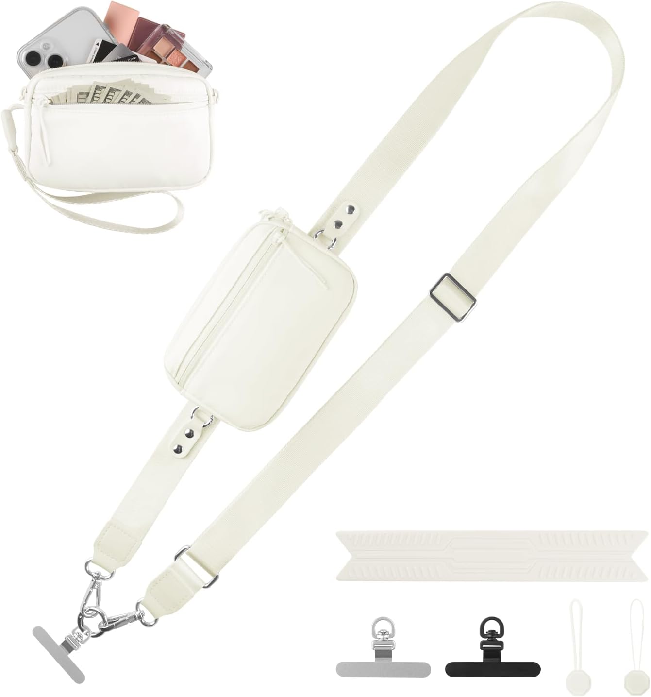 Clip and Go Strap for Phone with Wallet Crossbody, Adjustable Phone Lanyard with Detachable RFID Wristlet Wallet & Ultra-Thin 360° Rotatable Metal Tabs for All Smartphones (Cream)