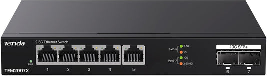 Tenda TEM2007X, 5 Port 2.5G Ethernet Switch, Unmanaged 2.5Gb Switch with 5 x 2.5G Ports & 2 x 10Gb SFP+ Slots, 50Gbps Switching Capacity, Plug & Play, Desktop/ Wall-Mount, Fanless Metal Design