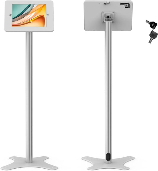 Tablet Floor Stand Compatible with 10.2" iPad 7 8 9, Rotate Lockable Metal Tablet Enclosure+Aluminum Pole+Metal Base - BSF302WT