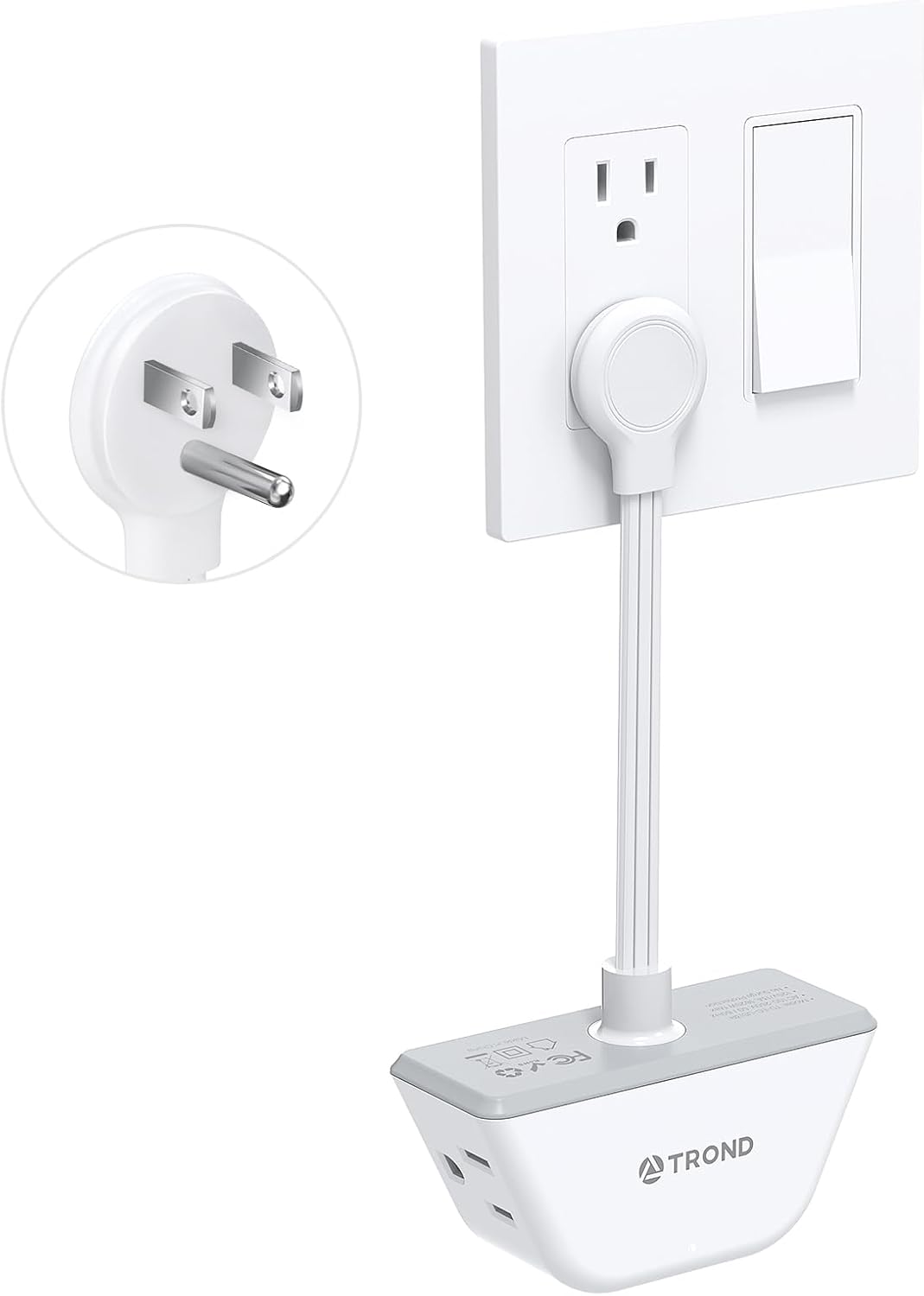 TROND Flat Outlet Extender with 6 Inch Cord - 3 Way Angled Plug Extension Outlet Adapter, Cruise Ship Essentials, Small Multiple Plug Splitter for Home Office Travel, White