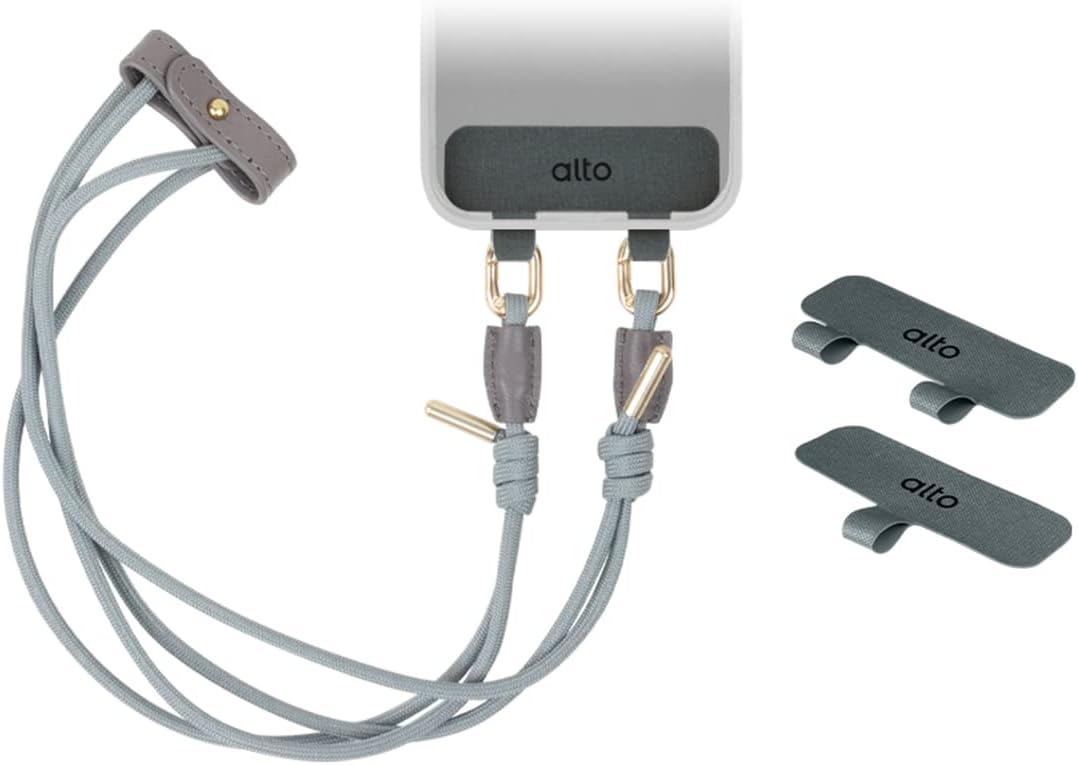 alto Crossbody Phone Lanyard: detachable patch, nylon strap with Italian leather pad, for iPhone and android full body phone cases (Cement Gray)