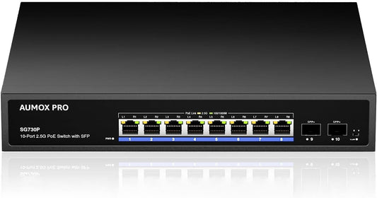 Upgrade 10 Port 2.5G PoE Switch,AUMOX PRO 8 Port 2.5G Network Unmanaged Switch with 2x10G SFP Gigabit Ethernet Unmanaged PoE Switch 120W,Compatible with 100/1000/2500Mbps for AP, NAS, PC Plug and Play