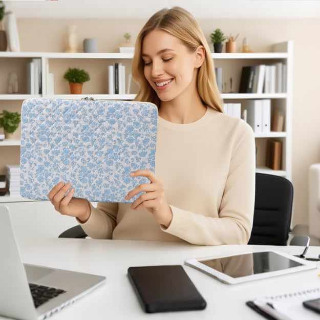 Puffy Laptop Sleeve 13-15.6 Inch Cute Quilted Laptop Protective Case Padded Floral Computer Sleeve for MacBook (B-Blue, 11 Inch)