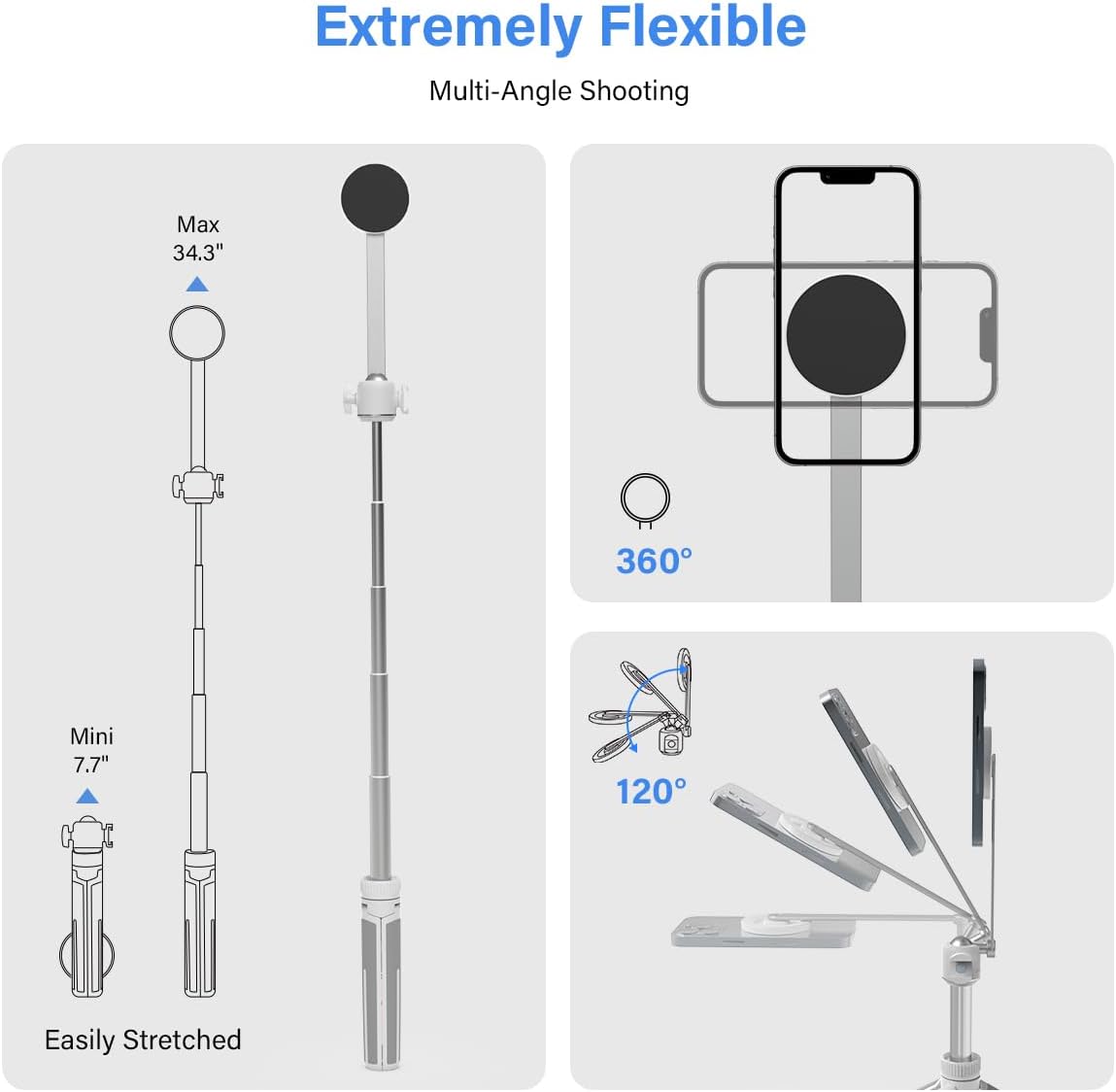 PHOPIK 35" Magnetic Selfie Stick Phone Tripod, Extendable Phone Tripod with Cold Shoe and Remote,Compatible with iPhone/Android/Sport Camera Perfect for Video Recording/Selfies/Insta360 x5（White）