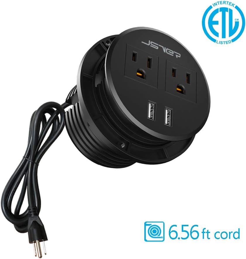 Desktop Power Grommet JSVER Mini Desktop Power Strip Hide Recessed Power Grommet Socket with 2 AC Outlets and 2 USB Charging Ports,Cable for a 3-1/8 Inch Desk Hole for Kitchen Table/Conference Room