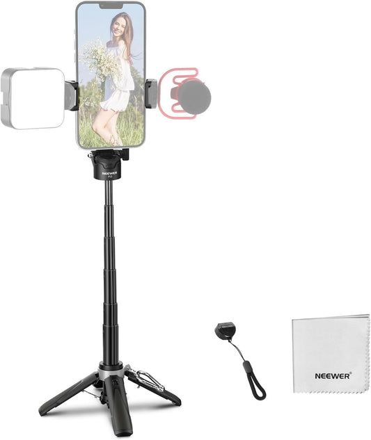 NEEWER Selfie Stick Tripod for iPhone, Lightweight Foldable Mini Travel 360° Desk Stand with Cell Phone Holder Cold Shoe for Video Recording Vlog Streaming, Remote Shutter & Cleaning Cloth, P15 Black