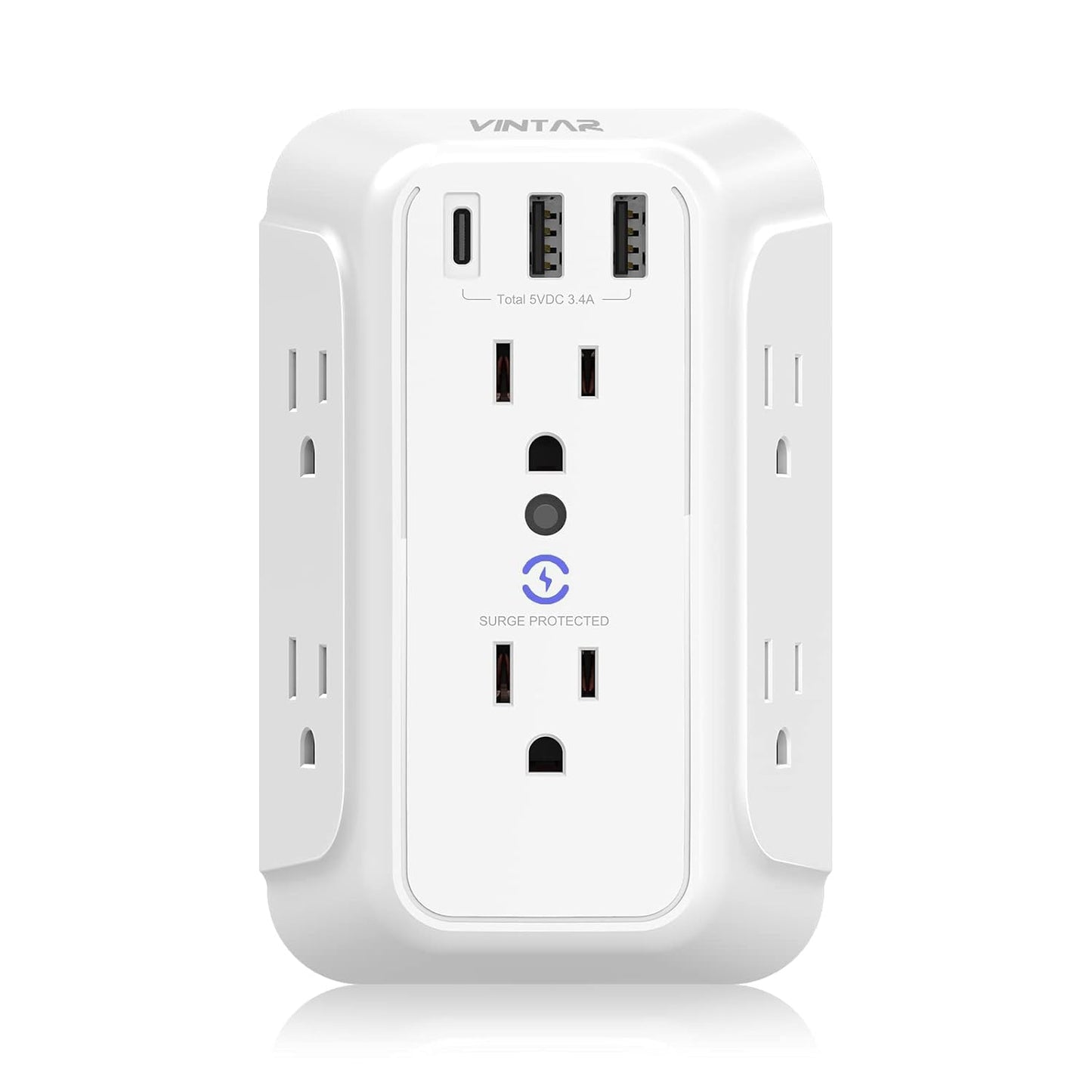 Wall Charger, Surge Protector, 6 Outlet Extender with 3 USB Charging Ports (1 USB C, 3.4A) 900J Wall Mount Power Strip Multi Plug Outlets for Home Travel Office ETL Listed