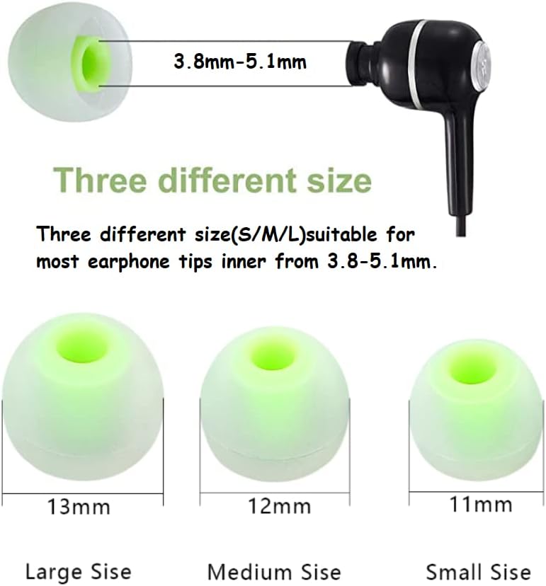 Earbuds Replacement Tips Silicone Earbud Tips Ear Gels Fit for Inner Hole from 3.8mm - 5.1mm Earphones 9 Pairs S/M/L Clear Green